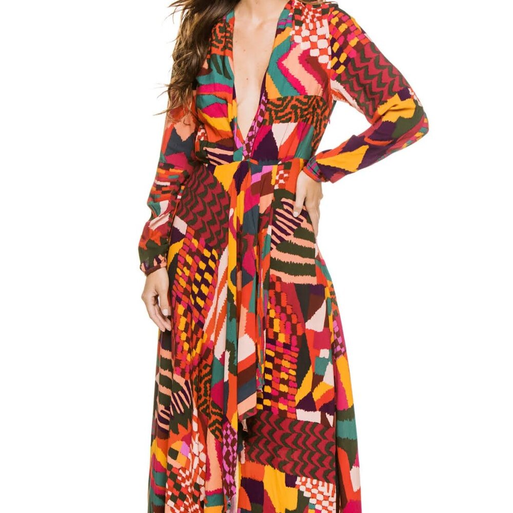 Farm Rio Red Abstract Patchwork Maxi Dress Long Sleeve Wrap Style Size Large - Picture 5 of 15